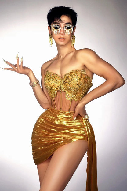 Sparkly Red Sequins Evening Dress Women Adult SexyTwo-piece Off-shoulder Party DressesNightclub Bar Stage Performance Y004