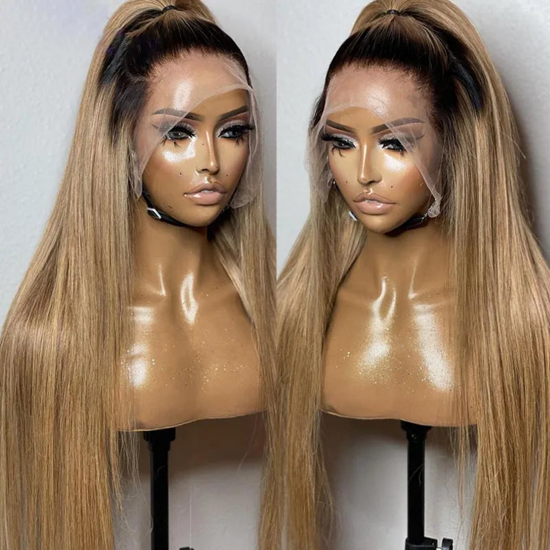 26Inch Ombre Blonde Straight Synthetic 180%Density Lace Front Wig For Women With BabyHair Preplucked Glueless