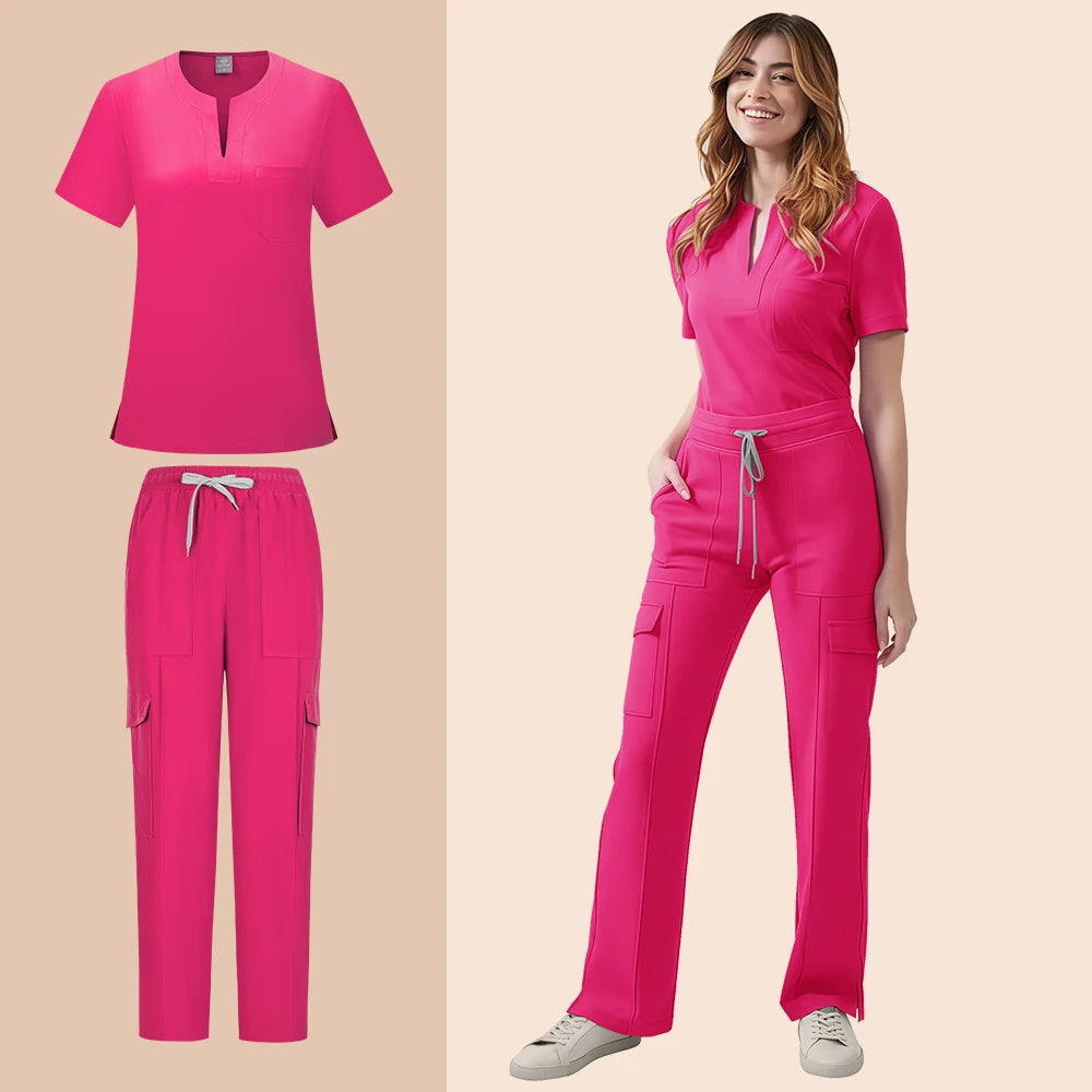 Medical Scrubs Uniform Women Nurse Scrub Set Pocket Top+Pants 2 Piece Suit Nursing Operating Room Clothes Beauty Salon Work Wear