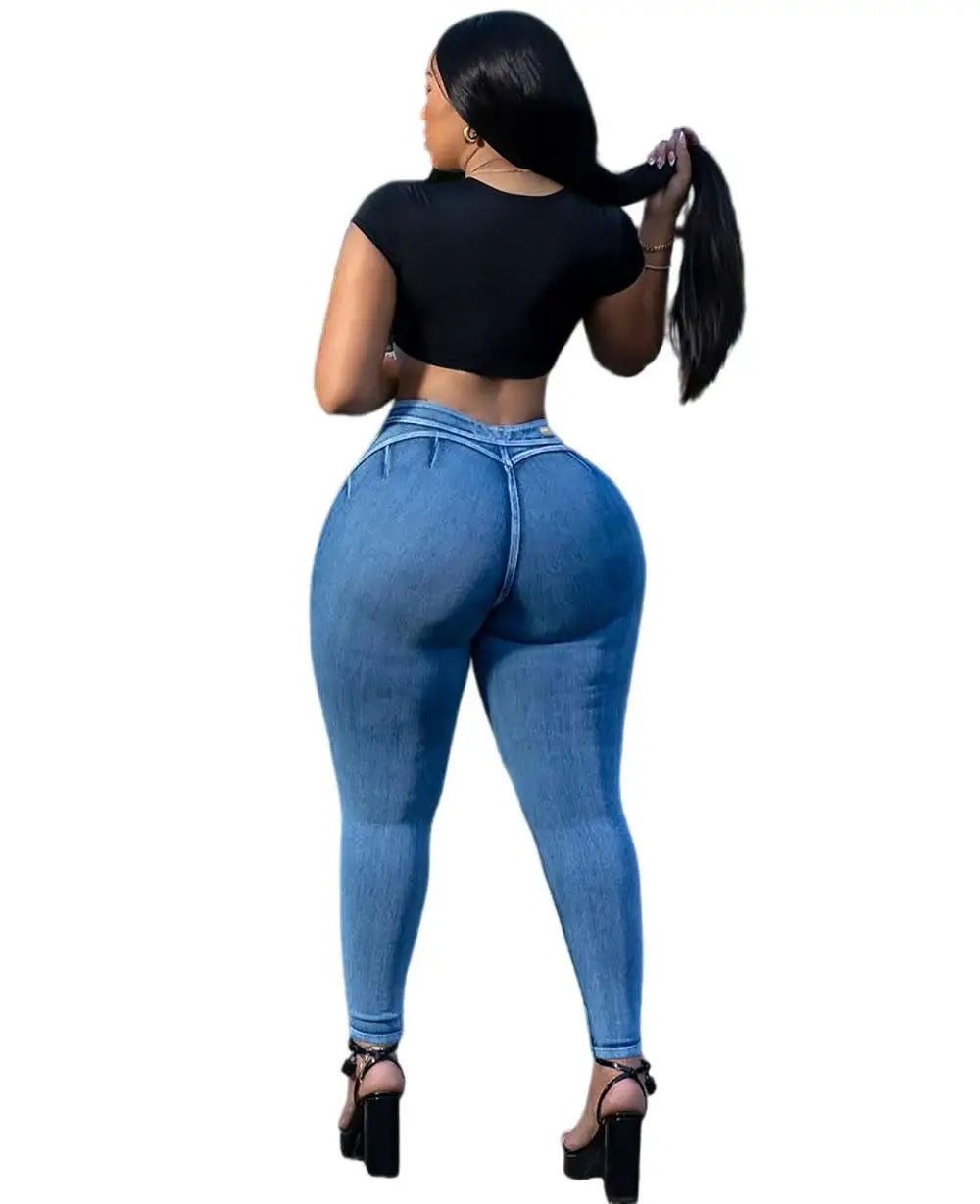 2025 & 2026 New High Waist Slim Fit Washed Blue Denim Jeans Women Stretchy Slimming Street Style Fashion Casual Long Pants