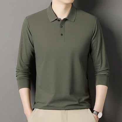 Autumn new men's long sleeved cotton polo shirt, middle-aged business, comfortable, solid color, loose men's lapel T-shirt