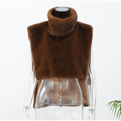 Solid Faux Fur Vest Crop Top Women Fashion Turtleneck Fluffy Short Tank Tops 2025 Winter Female Elegant Sleeveless Jacket Coat