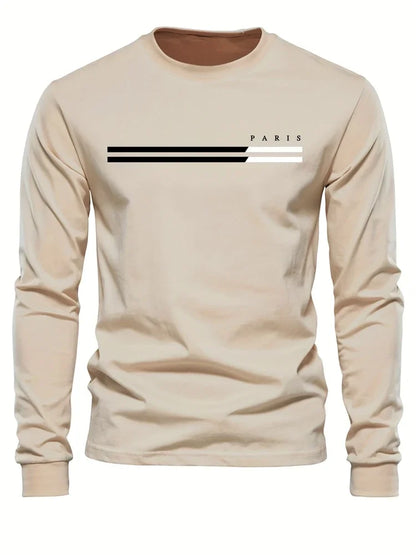 Men's Spring And Fall Fashion Casual Long-sleeved T-shirt Loose PARIS Letters Printed Pullover Round Neck Long Sleeve Sweatshirt