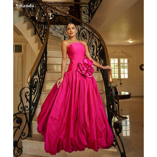Amanda Customized Pink Strapless 3D Flower Prom Dresses Pleated Sleeveless vestidos de noche Mermaid Floor-Length Formal Evening