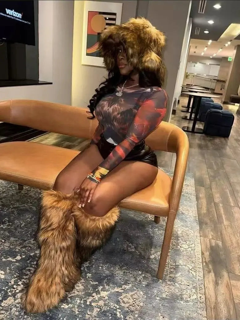 Winter New High Boots Over The Knee Snow Boots Women Plus Velvet Warm Imitation Fox Fur Boots Imitation Raccoon Fur Winter Boots