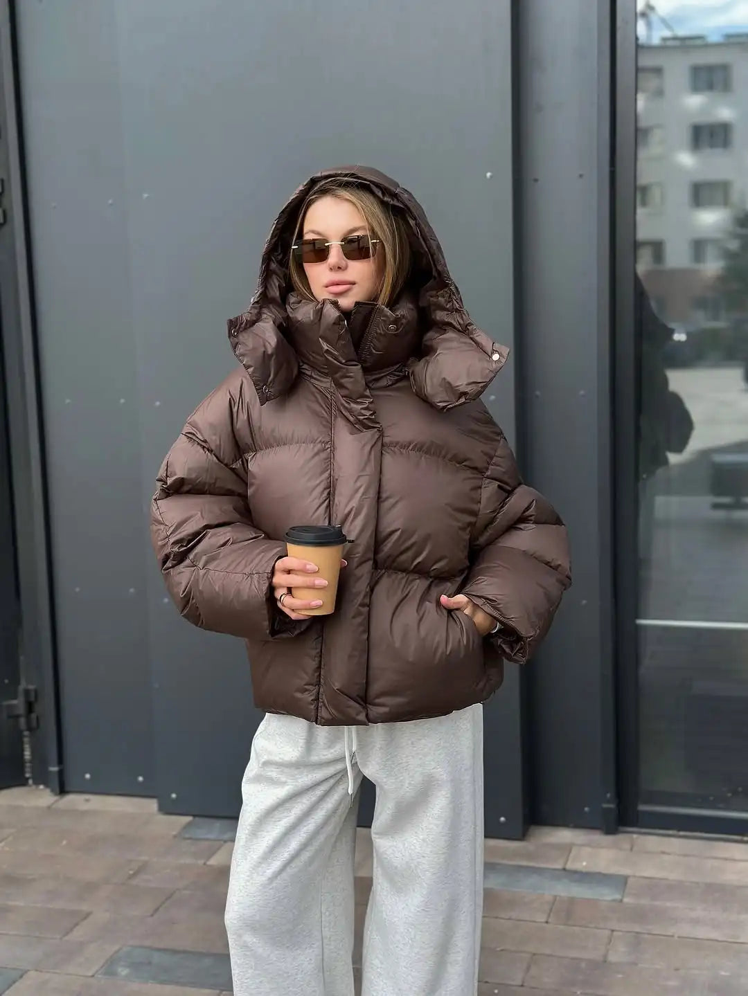 Women Brown Hooded Cotton Coat Fashion Lapel Full Sleeve Zipper Button Warm Loose Short Coats Lady Winter Casual Street Outwear
