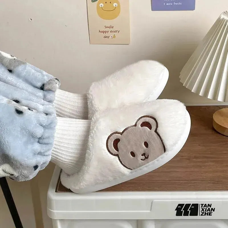 Bear Plush Slippers For Women Men Fashion Kawaii Fluffy Winter Warm Slippers Lovers Cartoon Teddy Bear House Shoes TG03