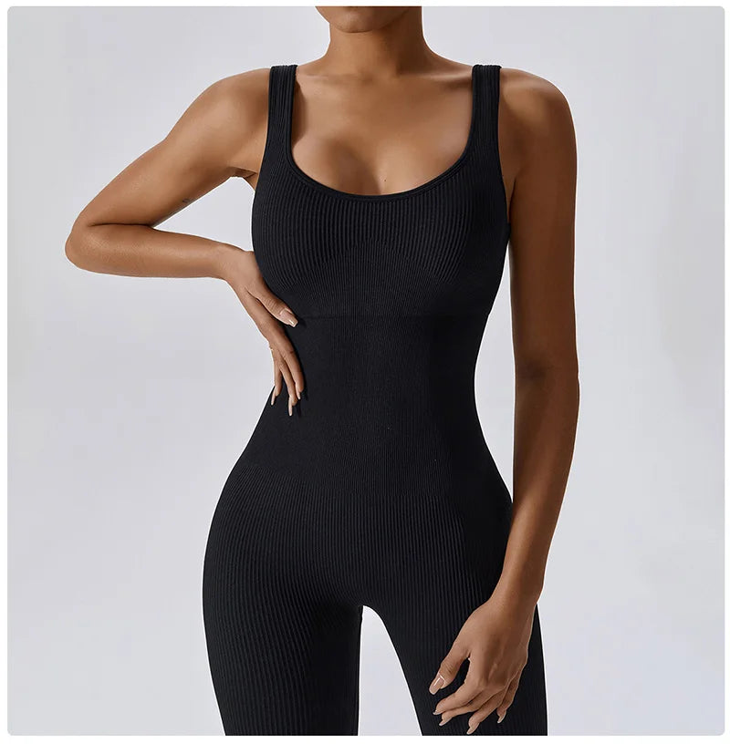 Yoga Jumpsuit Women's Yoga Set One-piece Sports Romper With Chest Pad Fitness Bodysuit Gym Seamless Ribbed Workout Sportswear