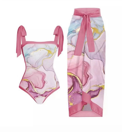 Fashion Women Cover Swimsuit Retro Print Gorgeous One-Piece Suit with Swimwear Beach Casual Swimwear Skirt That Wraps Hips