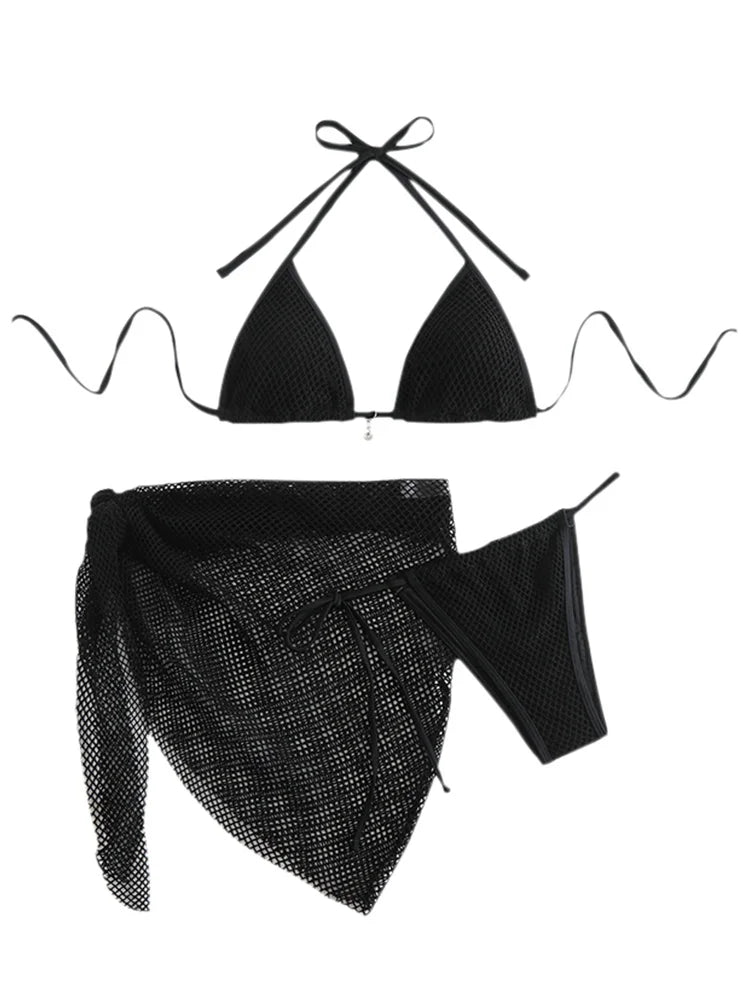 Bikini Women Swimsuit 2026 New Black Halter Lace Up Mesh Bikinis Set Sexy Swimwear Summer Three Piece Beach Bathing Suit Female