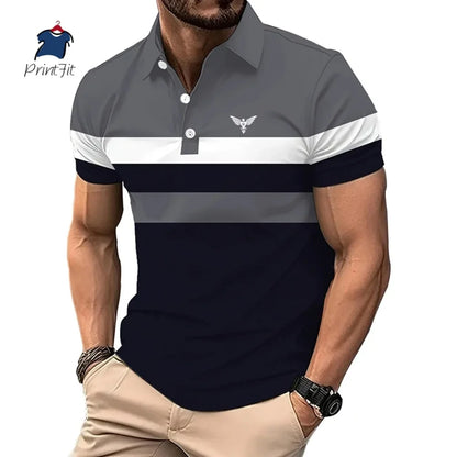 New Summer Striped Patchwork Striped Men's Polo T-shirt Fashion Lapel Button Sports Trend Street Wear Short Sleeve Top Men Shirt
