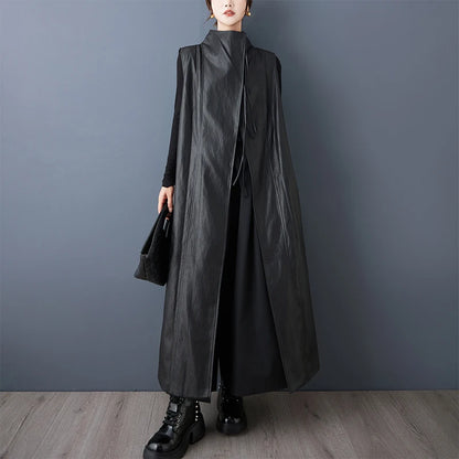 Casual Loose PU Leather Jaet Long Stand Collar Windbreaker Outerwear Faionable Design Sense Asymmetrical High-End Feeling