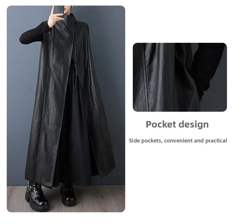 Casual Loose PU Leather Jaet Long Stand Collar Windbreaker Outerwear Faionable Design Sense Asymmetrical High-End Feeling
