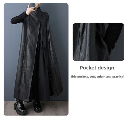 Casual Loose PU Leather Jaet Long Stand Collar Windbreaker Outerwear Faionable Design Sense Asymmetrical High-End Feeling
