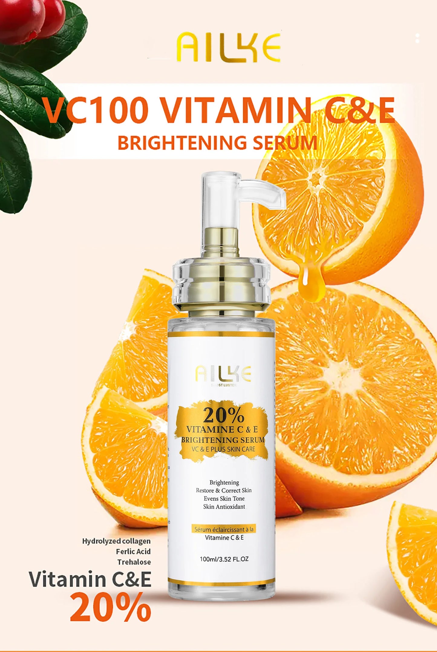AILKE Vitamin C Whitening Serum, Remove Dark Spots, Moisturizing, Anti-Aging & Wrinkle, Beauty Skin Care Cosmetics