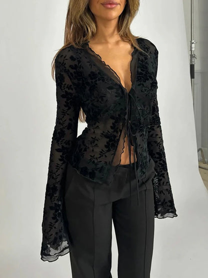 Autumn New Fashionable Chiffon Slim Fit Ruffle Trumpet Sleeve Shirt for Women