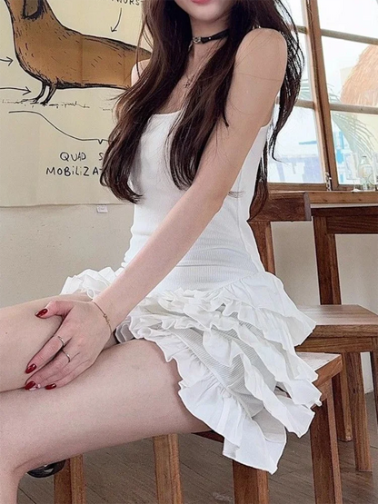 Sexy U-Neck Sleeveless Mini Dresses Fashion Women Summer New White Solid Y2K Ruffle Pleated Cake Bodycon Casual Party Vestidos