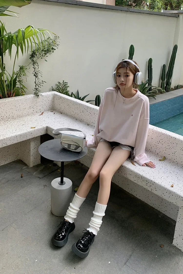 Light Pink Lettered Oversized Shoulder Sweatshirt Women's Full Sleeve round Neck Spring Autumn New Style Comfortable Casual Top