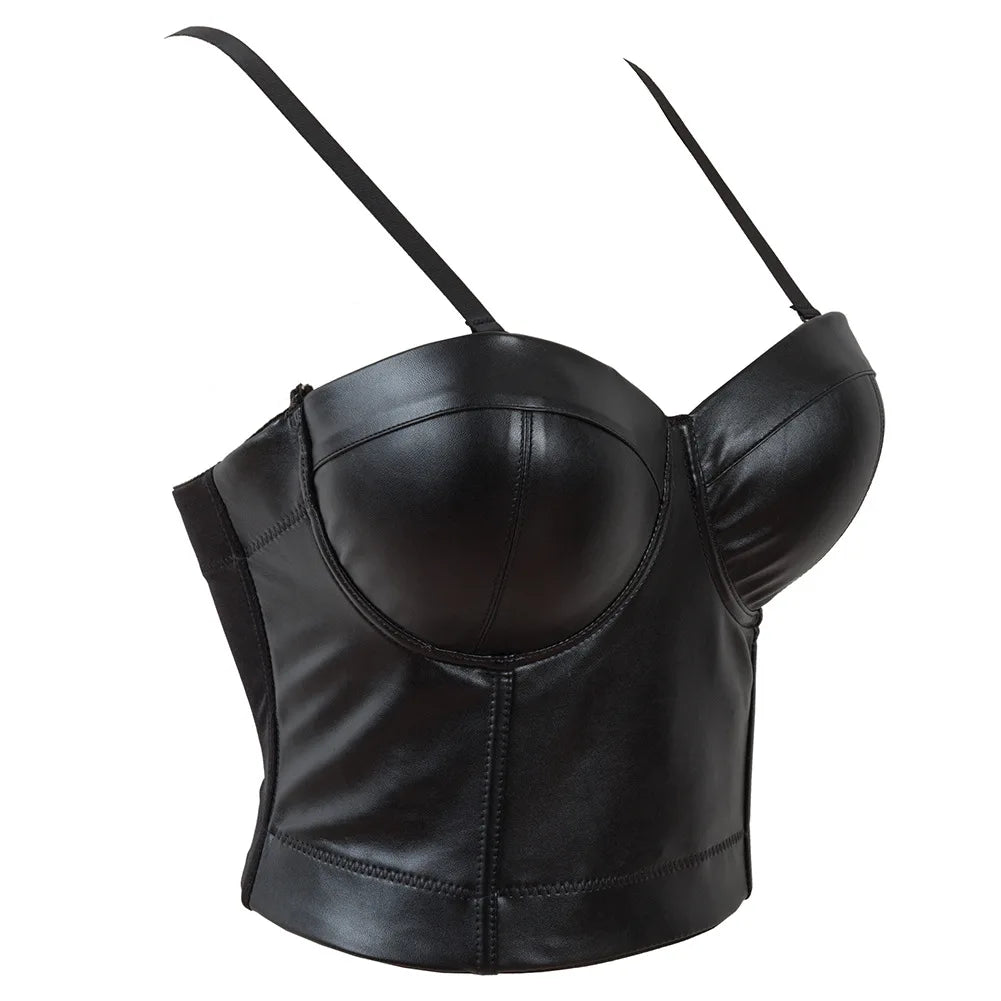 Stylish Wowen PU Leather Corset Imitation Leather Festival Clothing Bustier Lady Cropped Top Girls Punk Rock Club Party Camis