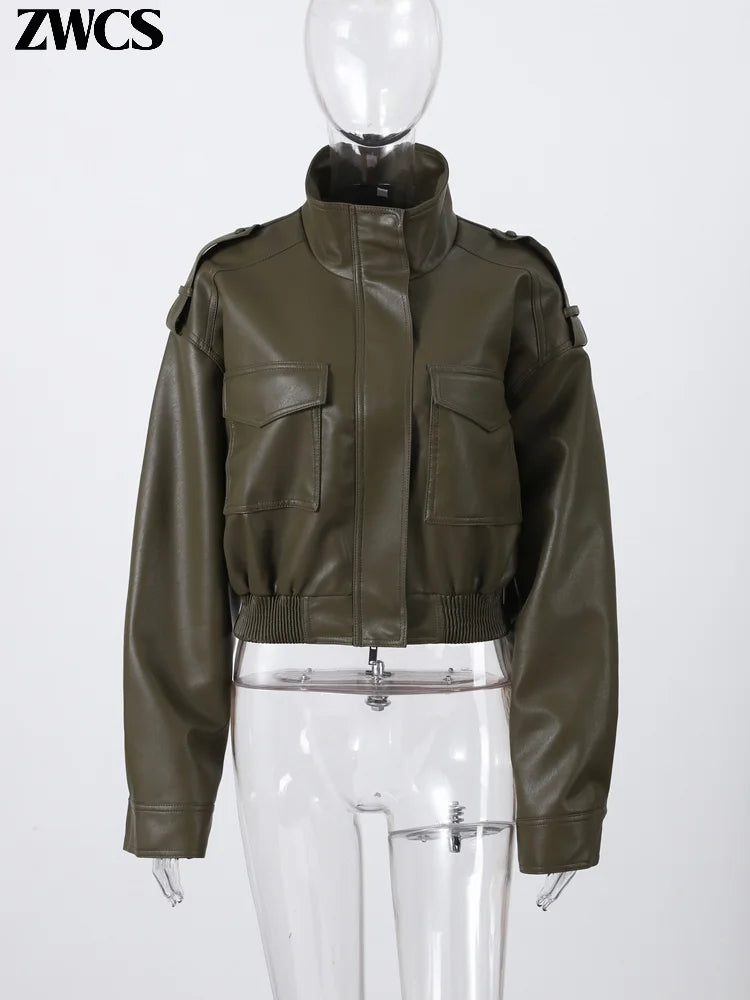 Vintage Zippers Short Leather Jackets Women's Casual Lapel Button Pockets Full Sleeve Coat 2025 Autumn New Lady Chic Streetwear