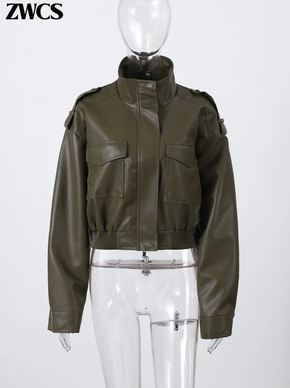 Vintage Zippers Short Leather Jackets Women's Casual Lapel Button Pockets Full Sleeve Coat 2025 Autumn New Lady Chic Streetwear