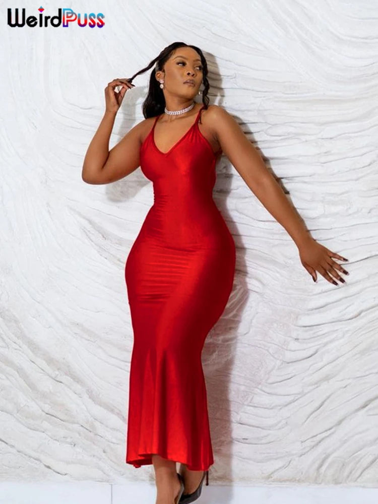 Weird Puss Sexy Backless Women Evening Maxi Dress Folds V-Neck Sleeveless Coquette Elegant Mermaid Matching Banquet Prom Bodycon
