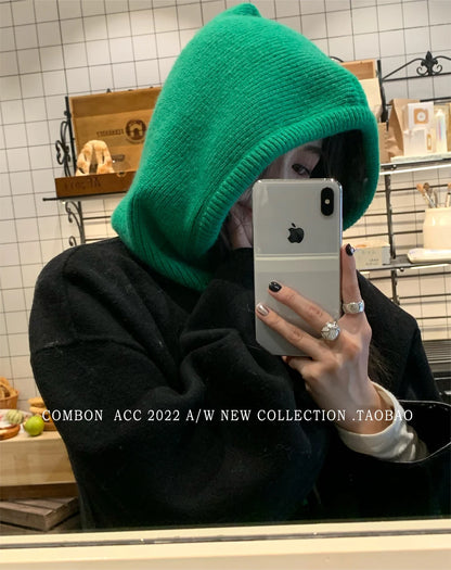 Knitted Hooded Caps Winter Balaclava Hats Women Korean Style Outdoor Warmer Drawstring Hats One-piece Neck Collar Beanies Cap