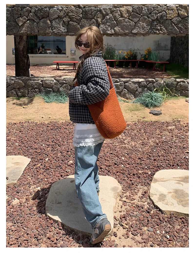 MEXZT Short Plaid Parkas Women Streetwear Stand Collar Puffer Jacket Winter Korean Down Coats Fashion Cotton Padded Outerwears