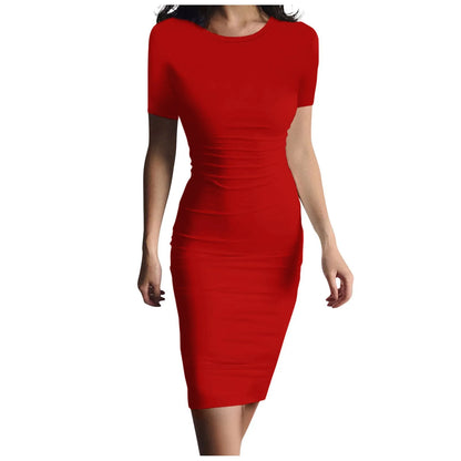 Fashion Women Short Sleeve Slim Fitting Dress Summer Solid Color Round Neck Elegant Dress Tight Robe Street Style Skinny Dress