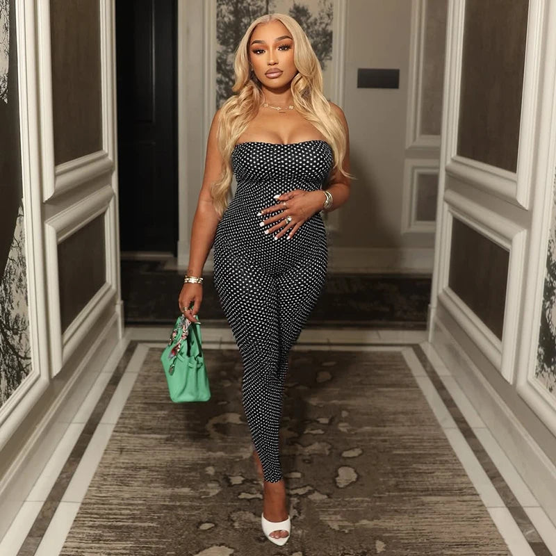 CUTENOVA Women'S Fall New Polka Dot Print Strapless Slim-Fit Off-Shoulder Cropped Jumpsuit Casual Chic Elegant Bodycon Jumpsuit