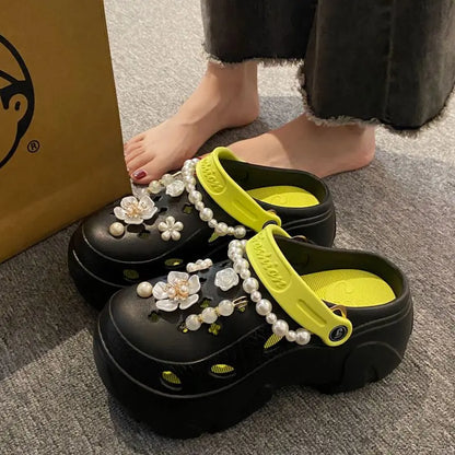 Summer Fashion Pearl Chain DIY Clogs Women 2025 Chunky Platform Slip On Sandals Women Thick Bottom EVA Slippers Shoes Woman Heel