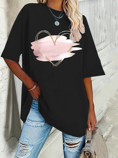 Plus size women's new pink heart-shaped elegant printed T-shirt   spring and summer leisure round neck short sleeve top