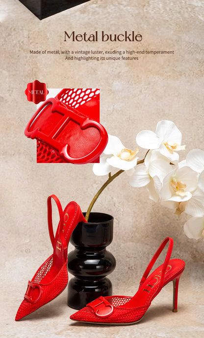 Women's Shoes 2025 Summer Sandals Breathable Mesh Heels Red Luxury Brand Girls Shoes Woman