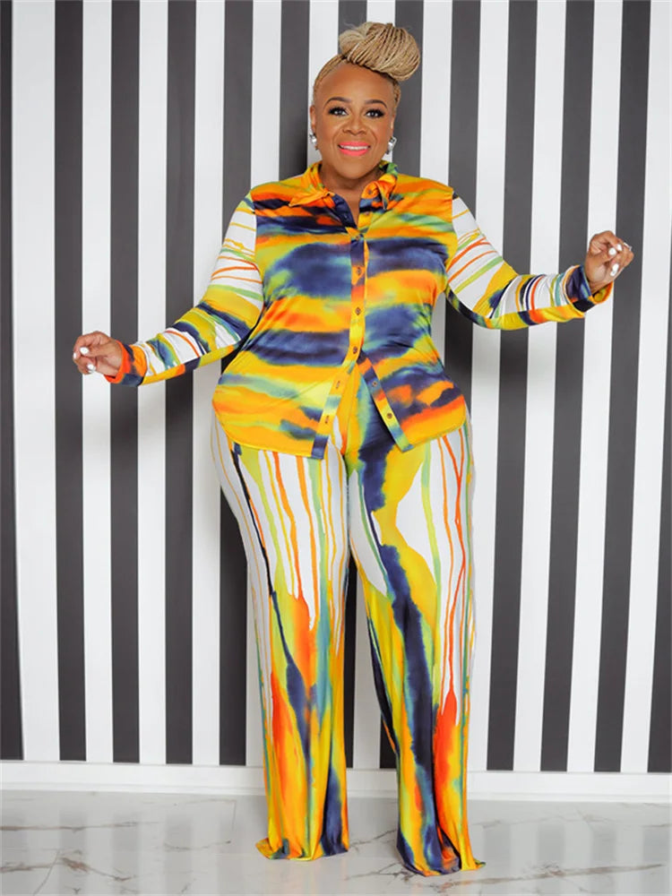 Wmstar Plus Size Two Piece Outfits Women Fall Clothing Tie Dye Top and Pants Leggings Matching Set Wholesale