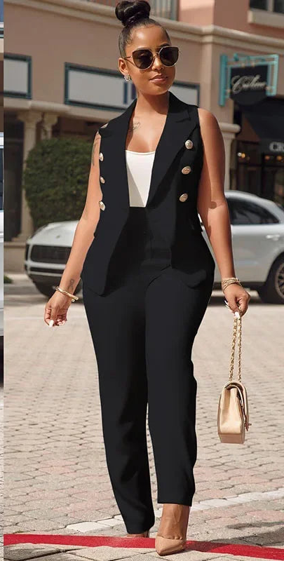 Business OL Work Wear Two Piece Pant Suits for Women Set Elegant Sleeveless Blazer Top + Pencil Pants Office Lady Matching Sets