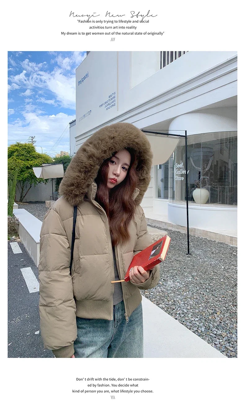 Casual Warm Fur Hooded Cropped Parkas Chic Streetwear Korean Style Down Cotton Coat Thicken Short Women's Winter 2025 Jacket