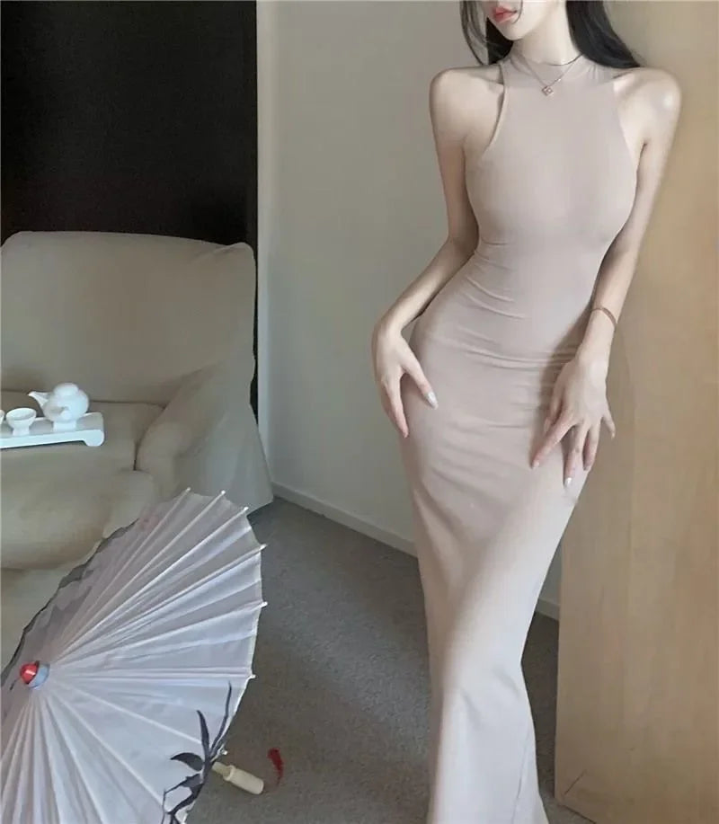 Elegant High Waist Long Sleeveless Dress Neck Hanging Wrap Skirt Slimming Goddess Style Polyester Fiber round Neck Gown
