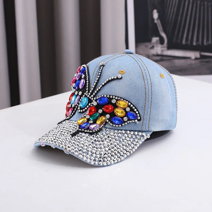 Fashionable And Versatile Outdoor Casual Baseball Cap With Colorful Diamond Inlay, Trendy Butterfly, Middle-Aged Duckbill Cap