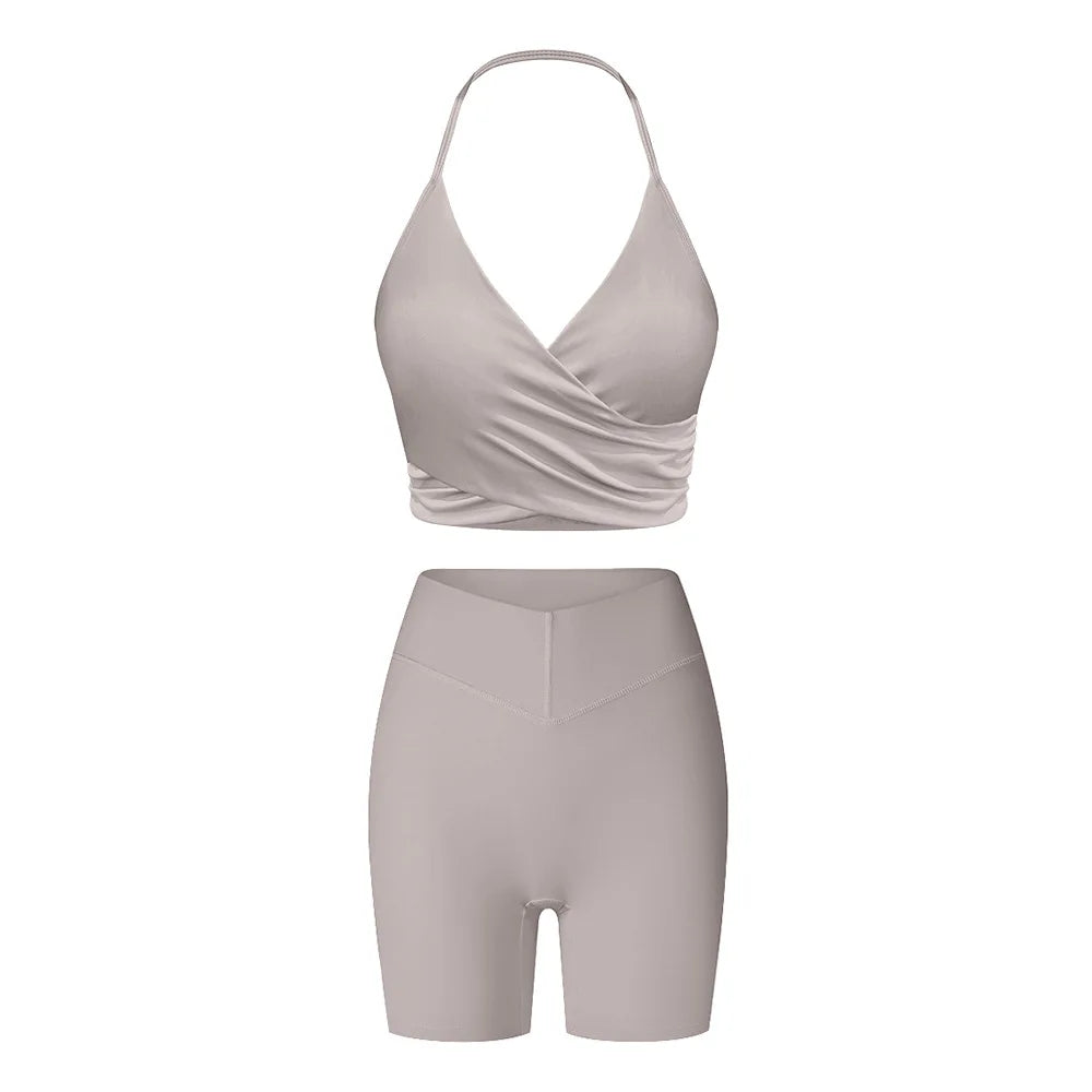 2 Pieces Wrap Front Gym Fitness Suit Women Long Sleeve Legging Workout Yoga Set Sports Bra Short Sports Clothes Tracksuit Female