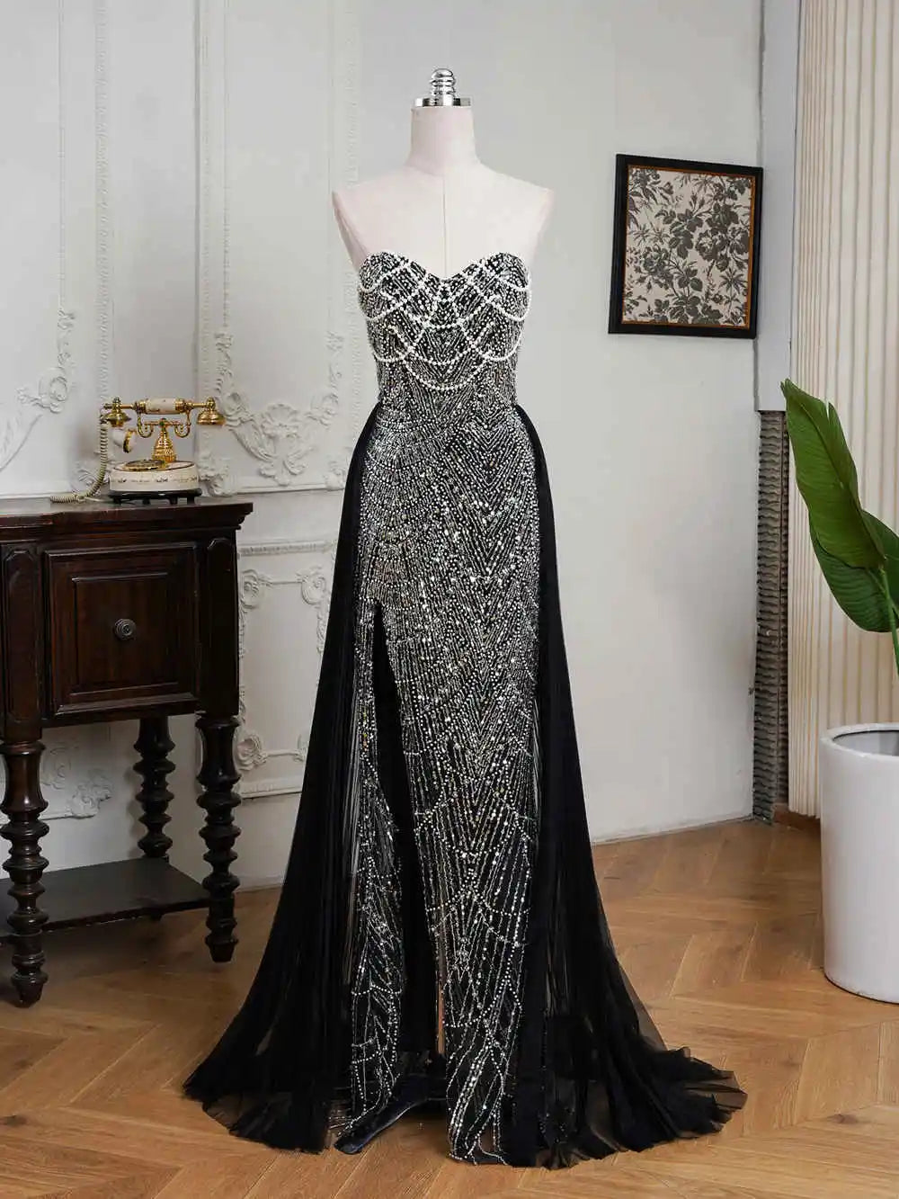 FATAPAESE Glamour Sequin Pearls Luxury Evening Dresses Sexy Tulle Train Party Dress for Wedding Charity Prom Award Ceremony
