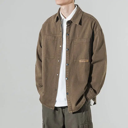 Men's Loose Fit Casual Work Shirt Jacket Spring Autumn Solid Color Cardigan Lapel Jacket Fashion Trendy Brand