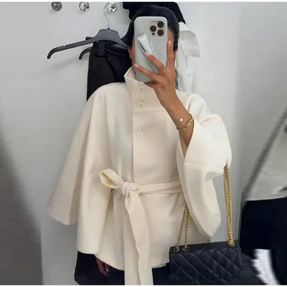 Elegant Fleece Women's Coats Solid Stand Long Sleeve Belted Lace-Up Button Jackets 2025 Autumn Winter Outerwear Female Tops