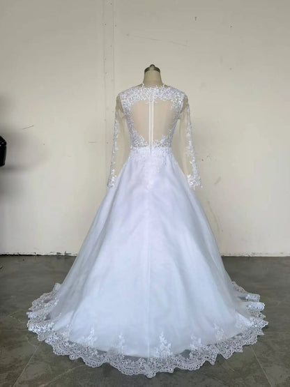 Lace 2 In 1 Mermaid Wedding Dresses Long Sleeves Scoop Neck Detachable Train Puffy Tulle Appliques Bridal Gowns Customized