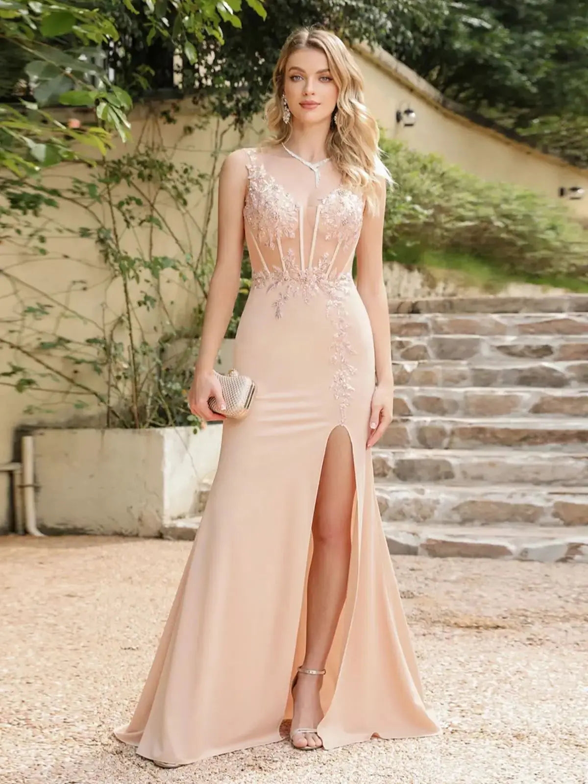 Popular Mermaid Slit Evening Dresses Gowns 2025/2026 Elegant Pearl Pink V Neck Lace Applique Sexy Formal Maxi Dress For Prom Party