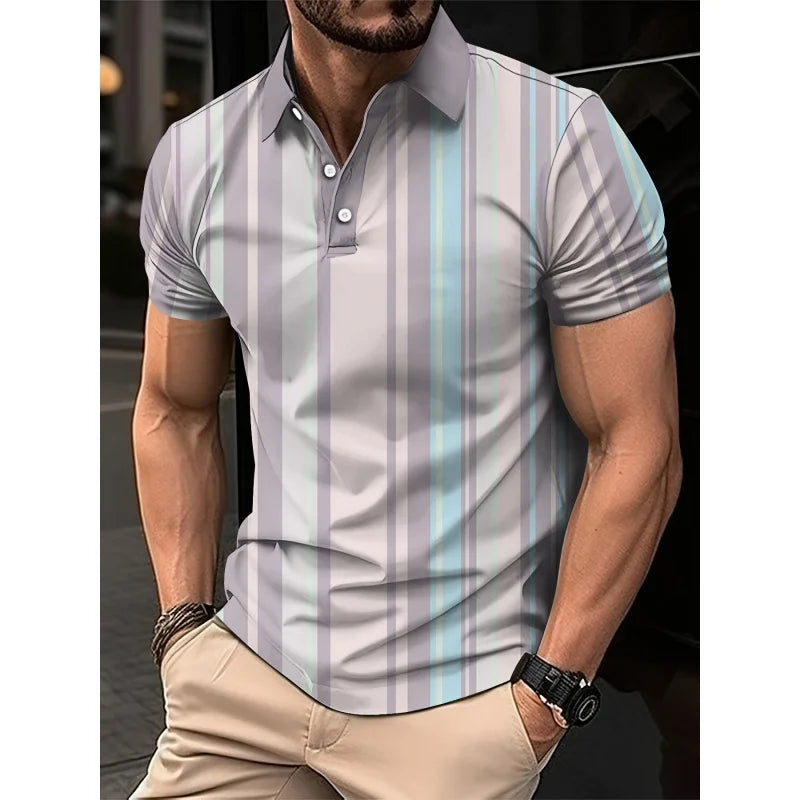 3D Print Colorful Color Block Polo Shirt For Men Stripes Pattern T-Shirts Summer Loose Street Lapel Top Button Short Sleeve Tees