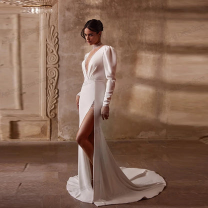 Glamorous Wedding Dresses Satin Bridal Gown Modern Robes For Formal Party Full Sleeves High Slit Vestidos De Novia Customized