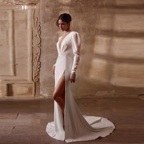 Glamorous Wedding Dresses Satin Bridal Gown Modern Robes For Formal Party Full Sleeves High Slit Vestidos De Novia Customized