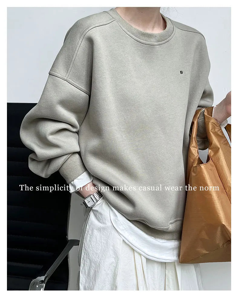 NS Pure Color Lazy Loose BF Hoodie Women's Simple Shape Sweatshirt Long Sleeve Letter Embroidery Top Casual Style Cotton Blend