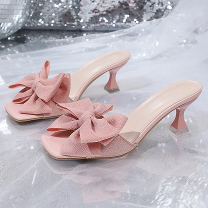 Pink Bowtie Decor High Heels Sandals for Women 2025 Summer Light Square Toe Slippers Fashion Plus Size Thin Heeled Party Shoes
