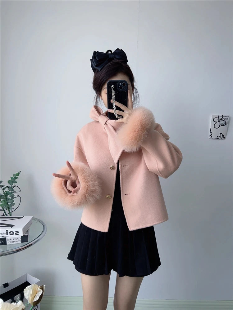 2025 & 2026 New Winter Real Natural Fox Fur Cuff Coat Ladies Outwear Female Coat Cashmere Wool Woolen Women Luxury Jacket